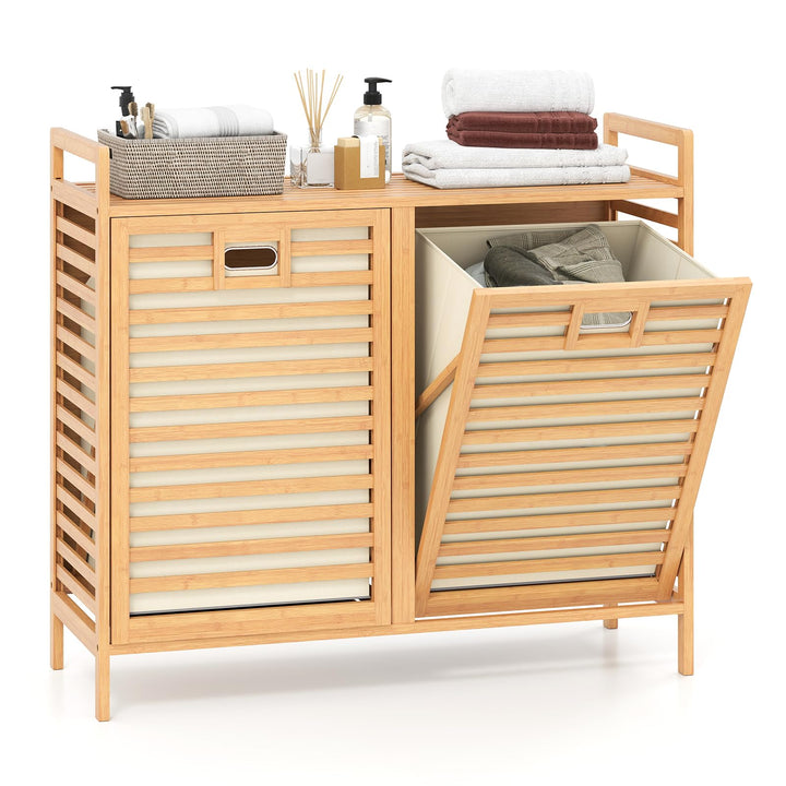 Giantex 20 Gal Bamboo Tilt Out Laundry Hamper with 2 Removable &amp; Foldable Fabric Bins