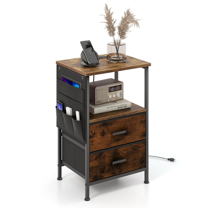 Giantex Nightstand with Charging Station, Industrial Bedside Table with 2 Fabric Drawers &amp; 6 Storage Pockets