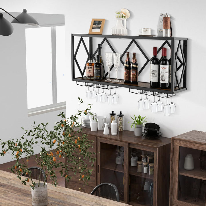 Giantex Wall Mounted Wine Rack, Wine Display Shelf w/Wine Bottle Rack &amp; 6 Rows of Stemware Holder