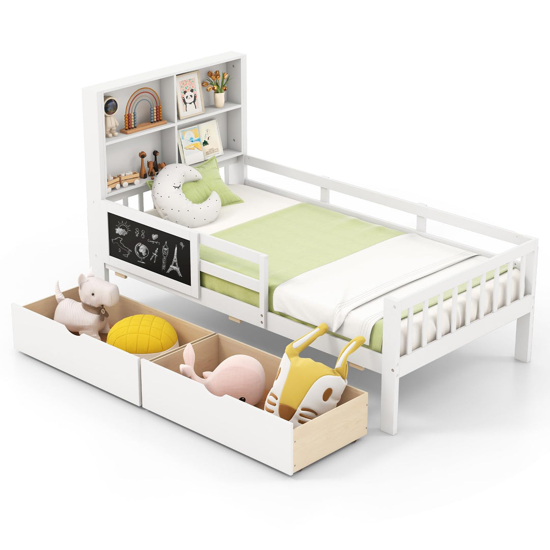 Giantex Full/Twin Size 2 Storage Drawers, Solid Wood Kids Bed Frame w/Bookcase Headboard &amp; Blackboard
