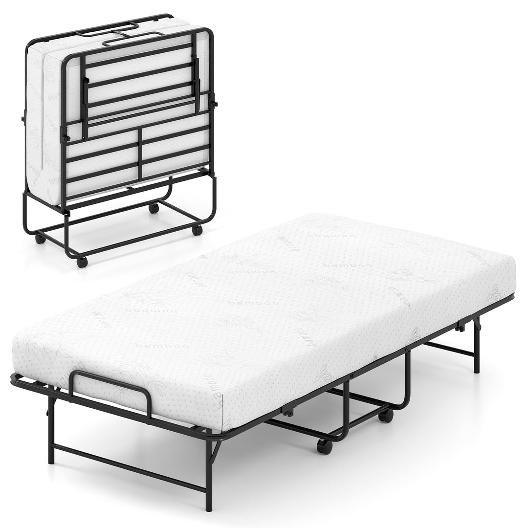 Giantex Twin Folding Bed Frame with 5 Inch Mattress, Portable Rollaway Guest Bed, 75" x 38"