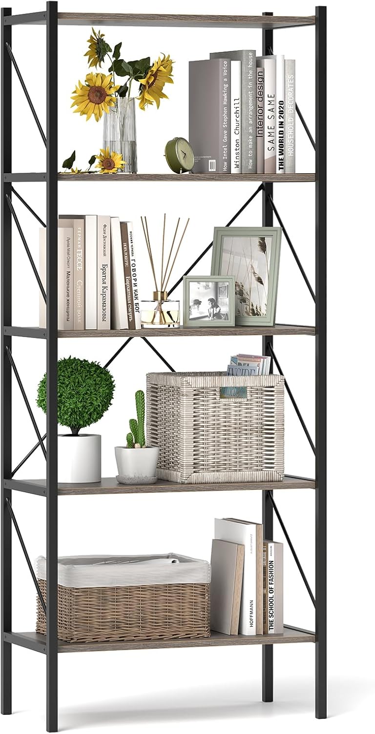 Giantex 5-Tier Bookshelf, Industrial Tall Bookcase with Open Storage Shelves &amp; Heavy Duty Metal Frame