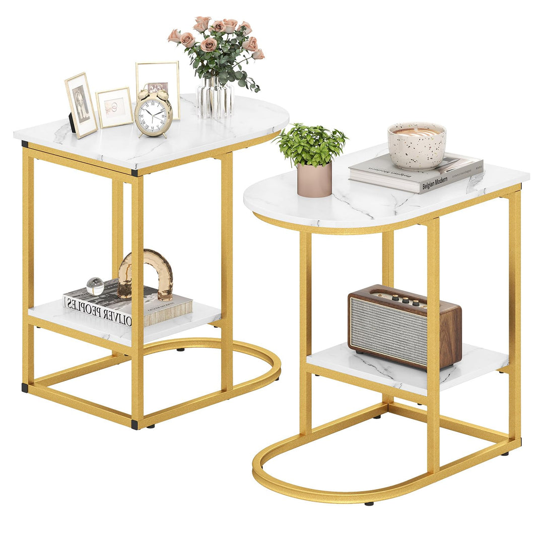 Giantex C Shaped End Table with Faux Marble Tabletop and Storage Shelf