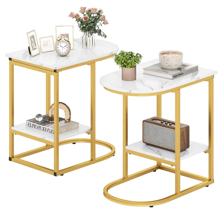 Giantex C Shaped End Table with Faux Marble Tabletop and Storage Shelf