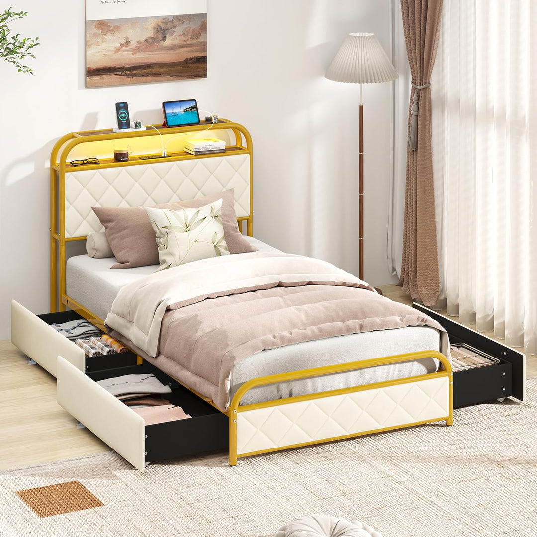 Giantex Queen/Full/Twin Size Bed Frame with 4 Storage Drawers and Charging Station