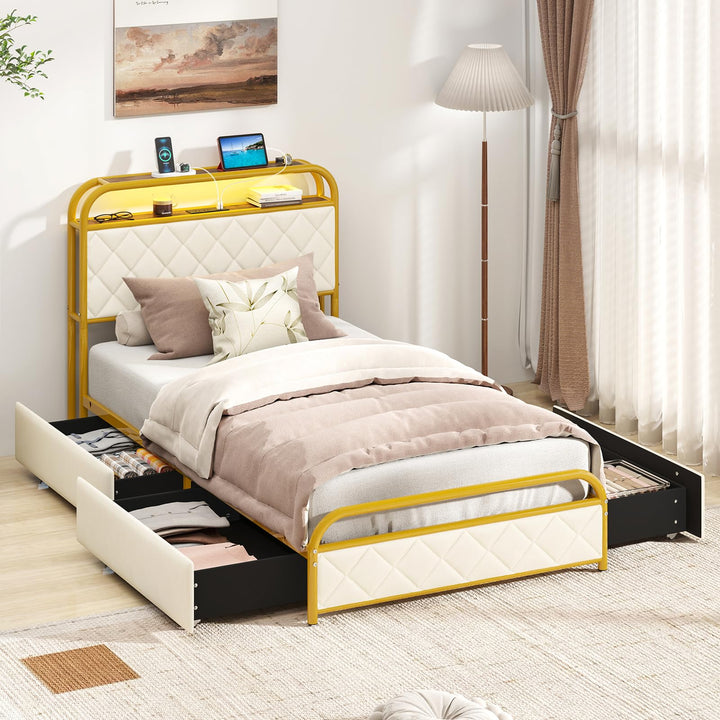 Giantex Queen/Full/Twin Size Bed Frame with 4 Storage Drawers and Charging Station
