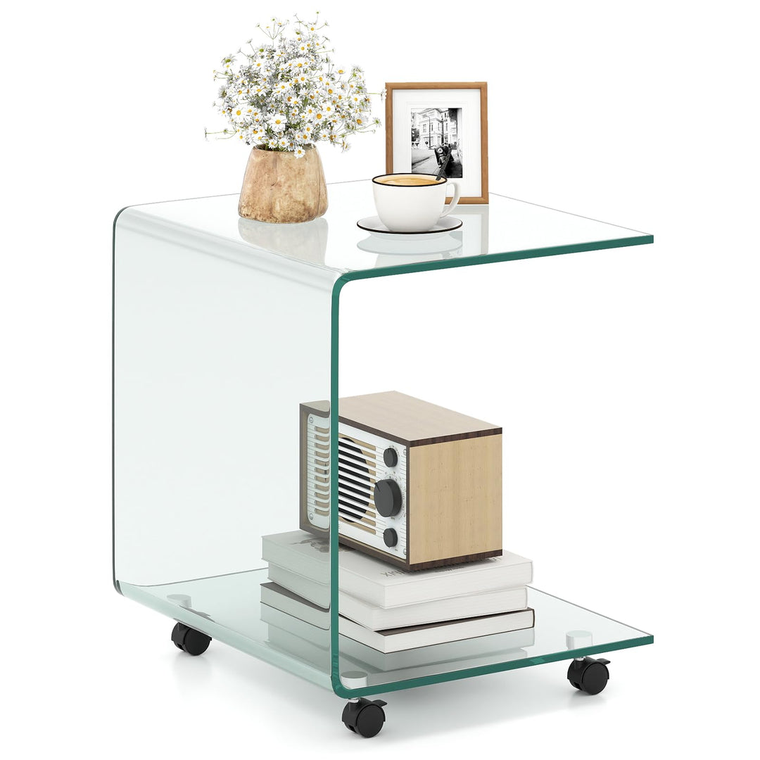 Giantex C-Shaped End Table with Wheels - Mobile Tempered Glass Sofa Couch Side Table w/2-Tier Storage Shelf
