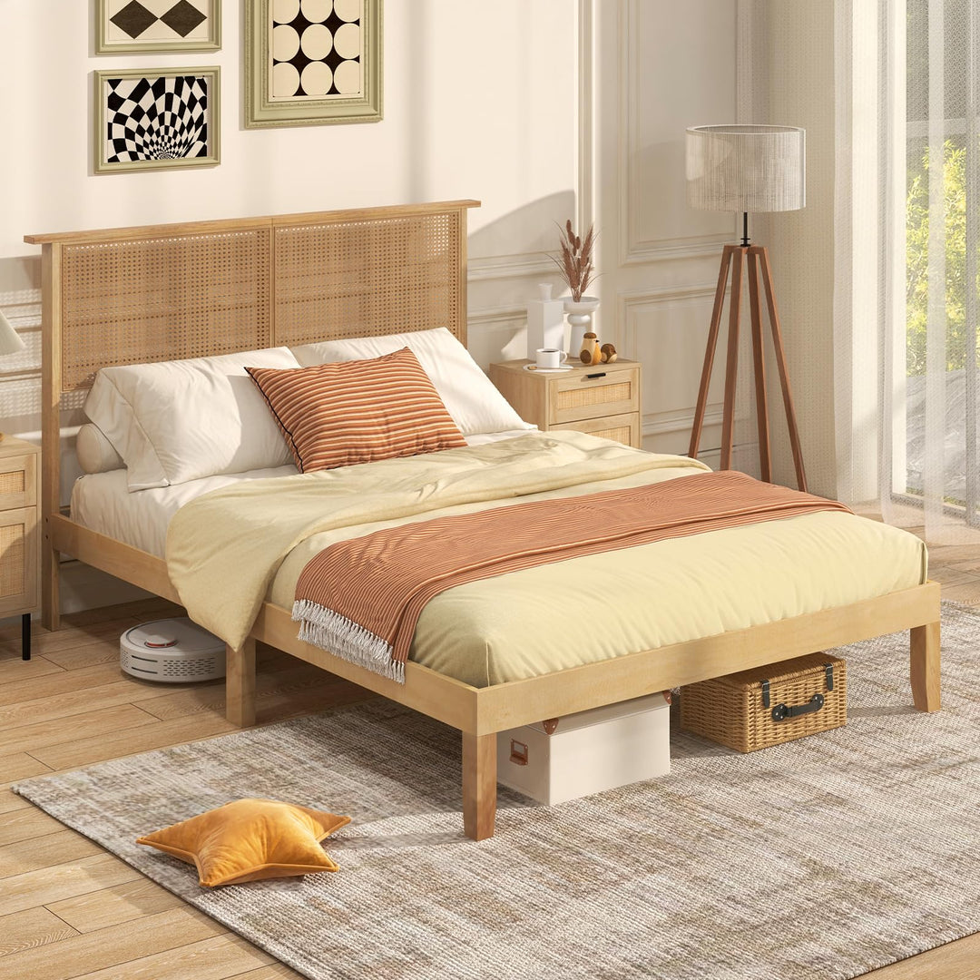 Giantex Queen/Full/Twin Size Bed Frames with Rattan Headboard, Boho Solid Wood Platform Bed with Wooden Slats