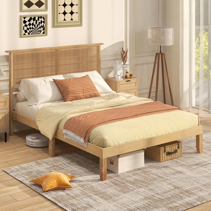 Giantex Queen/Full/Twin Size Bed Frames with Rattan Headboard, Boho Solid Wood Platform Bed with Wooden Slats