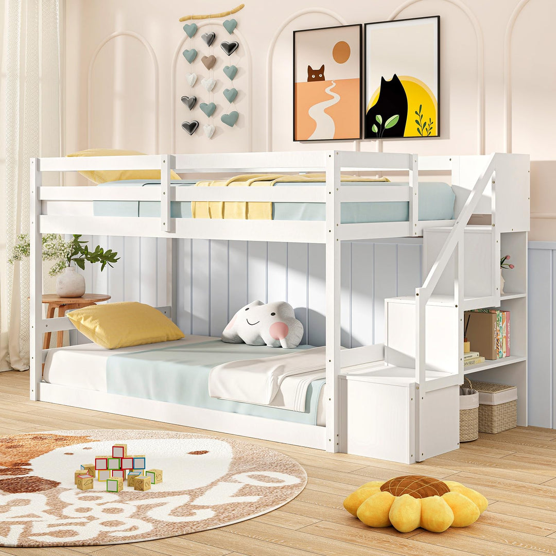 Giantex Bunk Bed with Stairs, Solid Wood Floor Bunk Bed with Storage Staircase &amp; Full-Length Guardrails
