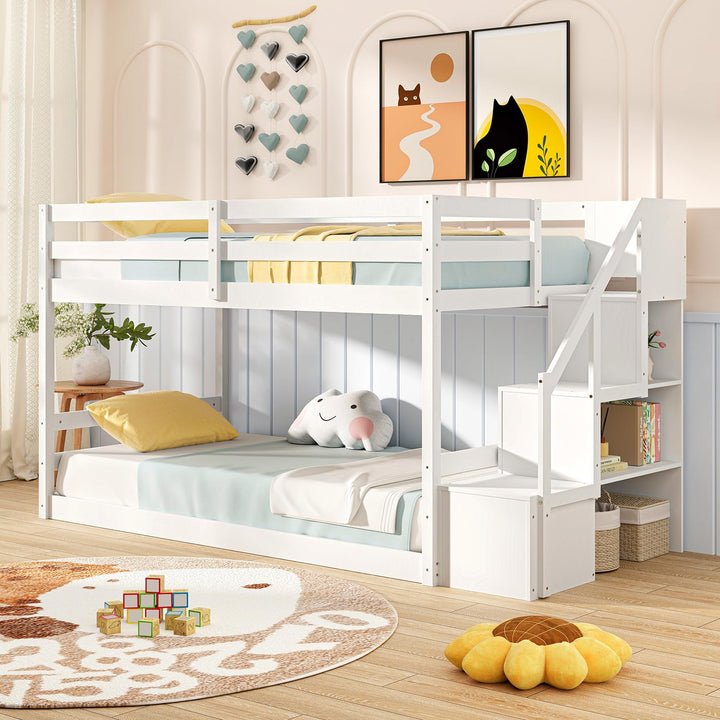 Giantex Bunk Bed with Stairs, Solid Wood Floor Bunk Bed with Storage Staircase &amp; Full-Length Guardrails