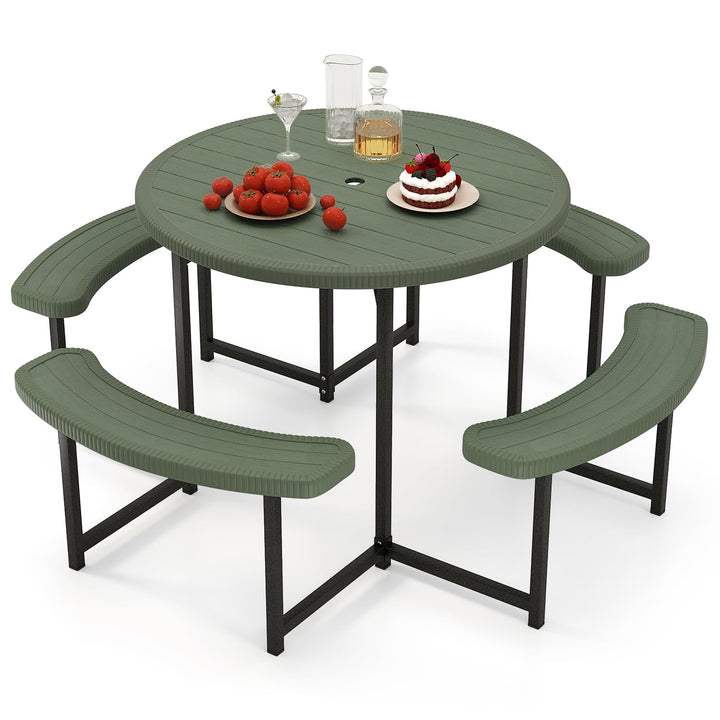 Giantex Round Picnic Table Bench Set with 4 Benches and Umbrella Hole for Patio Lawn
