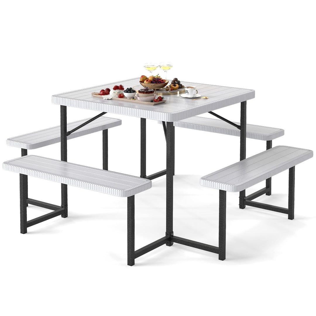 Giantex Outdoor Square Picnic Table Bench Set for 4-8 People with Umbrella Hole