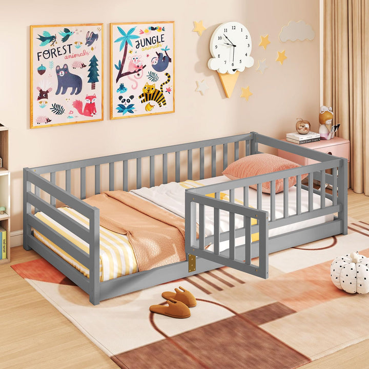 Giantex Twin Floor Bed with High Fence &amp; Door