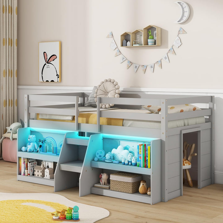 Giantex Low Loft Bed with LED Lights, Wooden Twin Loft Bed with Stairs &amp; Safety Guardrail