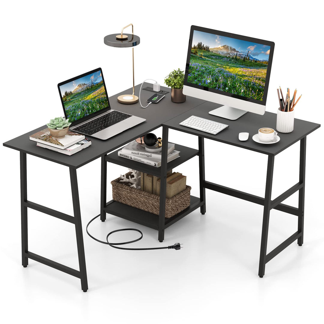 Giantex L Shaped Desk with Power Outlets &amp; USB Ports, 48" Corner Gaming Desk with 2 Tier Storage Shelves