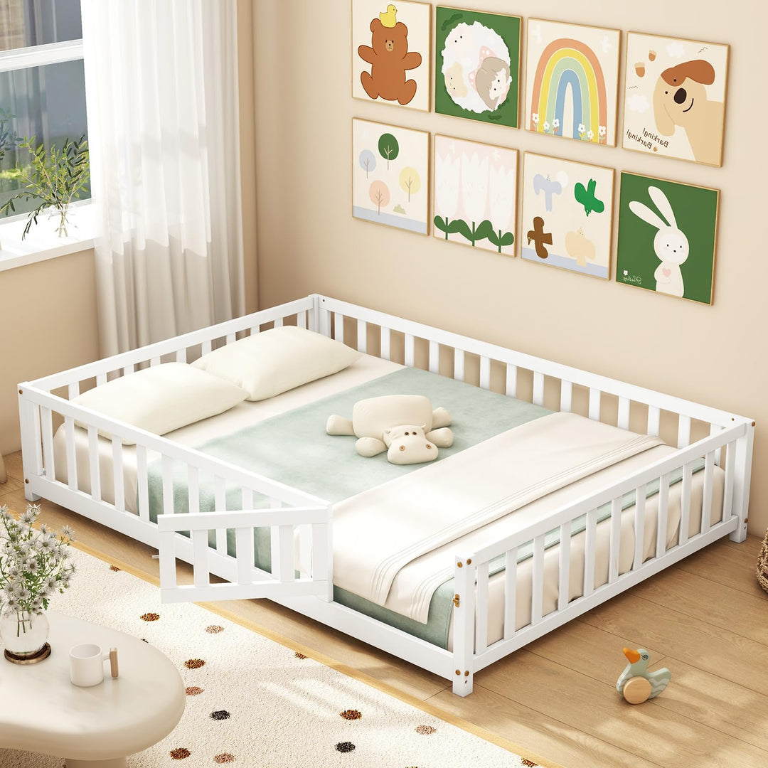 Giantex Full Size Floor Bed for Kids, Montessori Floor Bed with Wood Slats &amp; Safety Guardrails