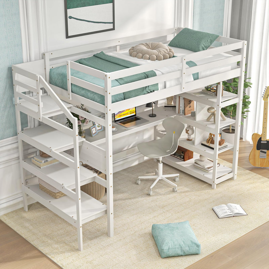 Giantex Twin Loft Bed with Desk and Stairs, Solid Wood High Loft Bed with 4-Tier Storage Shelves