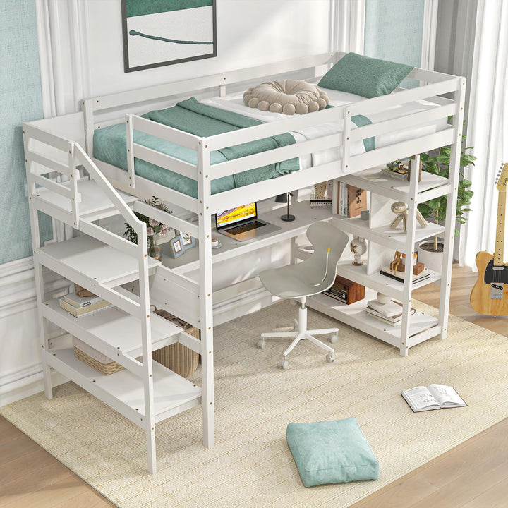 Giantex Twin Loft Bed with Desk and Stairs, Solid Wood High Loft Bed with 4-Tier Storage Shelves