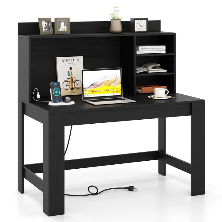 Giantex Computer Desk with Hutch, Modern Home Office Desk with Power Outlets, Storage Shelves &amp; Cable Hole