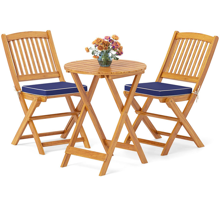 Giantex Patio Bistro Set 3 Pieces, Outdoor Acacia Wood Folding Table &amp; Chairs Set with 2 Padded Cushions