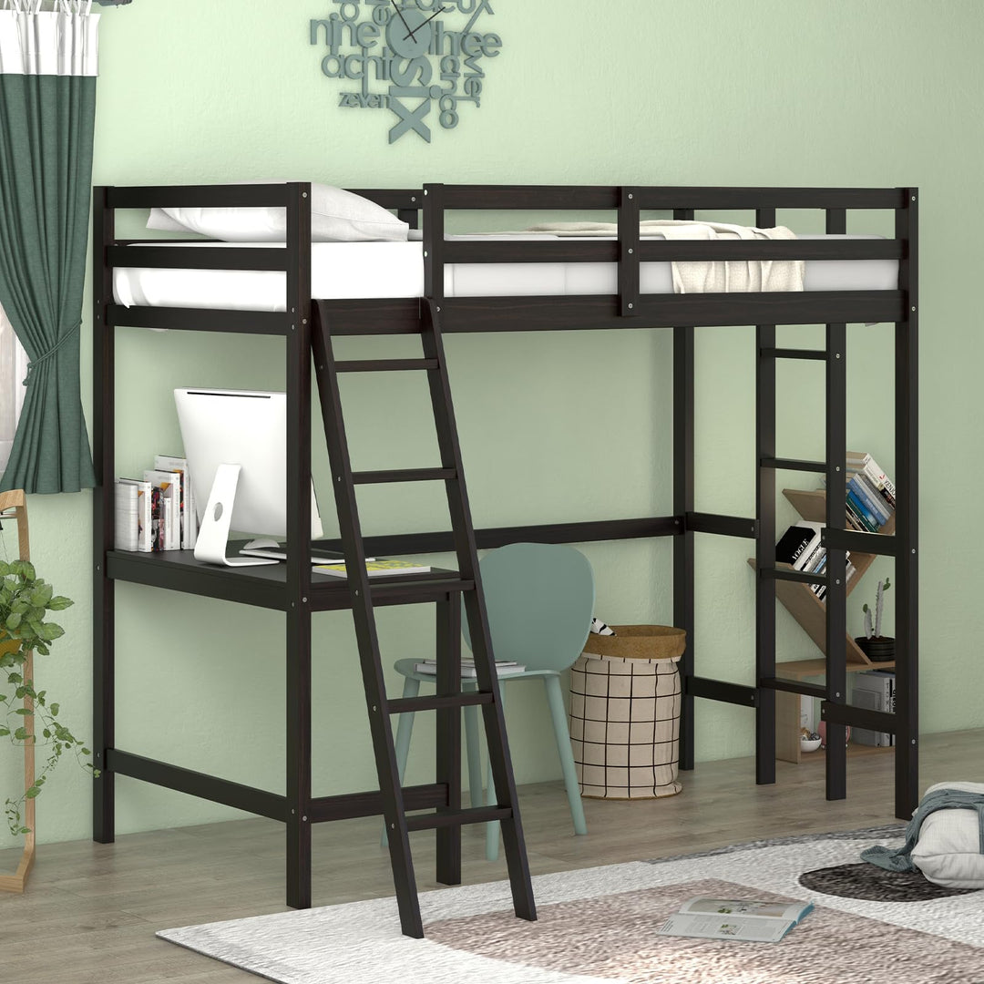 Giantex Twin Size Loft Bed with Desk, Solid Wood Loft Bed with 2 Ladders &amp; Full Length Guardrail