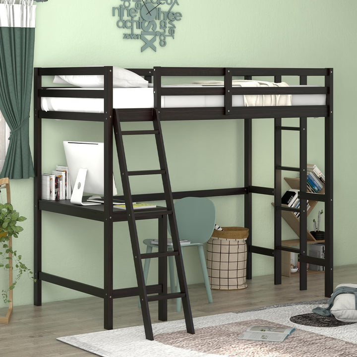 Giantex Twin Size Loft Bed with Desk, Solid Wood Loft Bed with 2 Ladders &amp; Full Length Guardrail