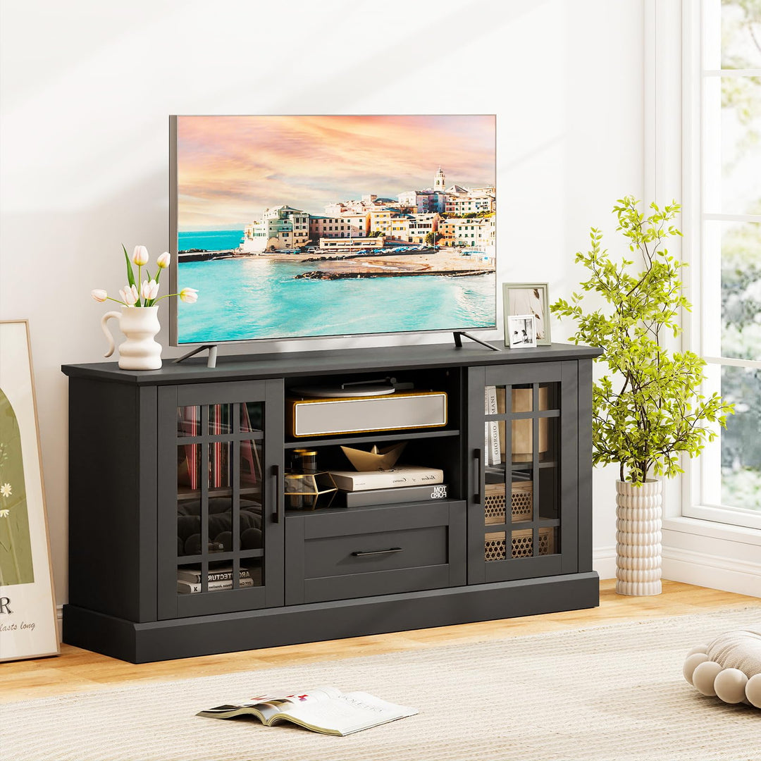 Giantex Farmhouse TV Stand for 65/70 Inch TV with Storage Cabinets &amp; Glass Door
