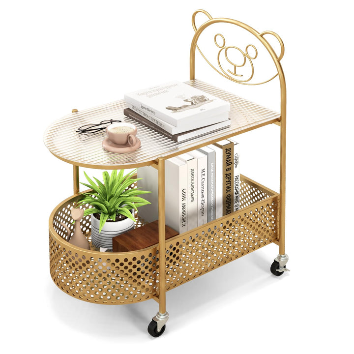 Giantex Mobile Glass Coffee Table, 2-Tier Modern Cocktail Table with Bear Pattern, Storage Basket &amp; Metal Frame