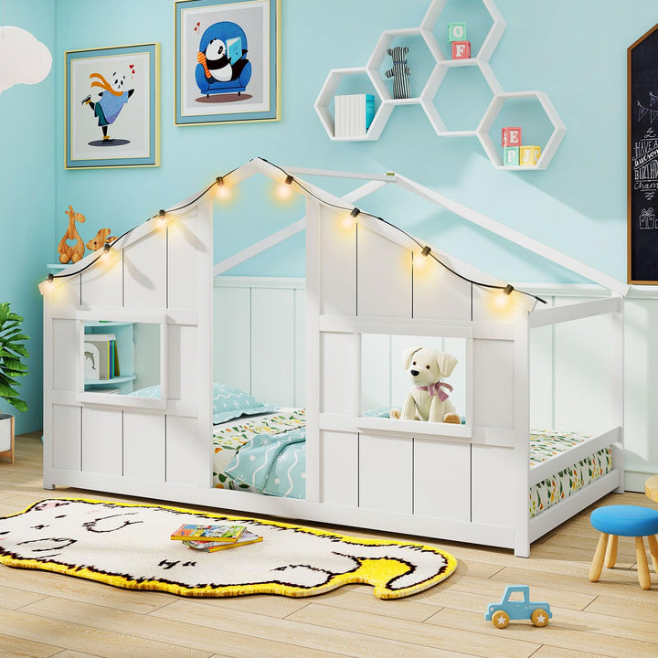 Giantex Twin Kids House Bed with Light Bulbs Wooden Montessori Floor Bed Frame with Roof &amp; Windows