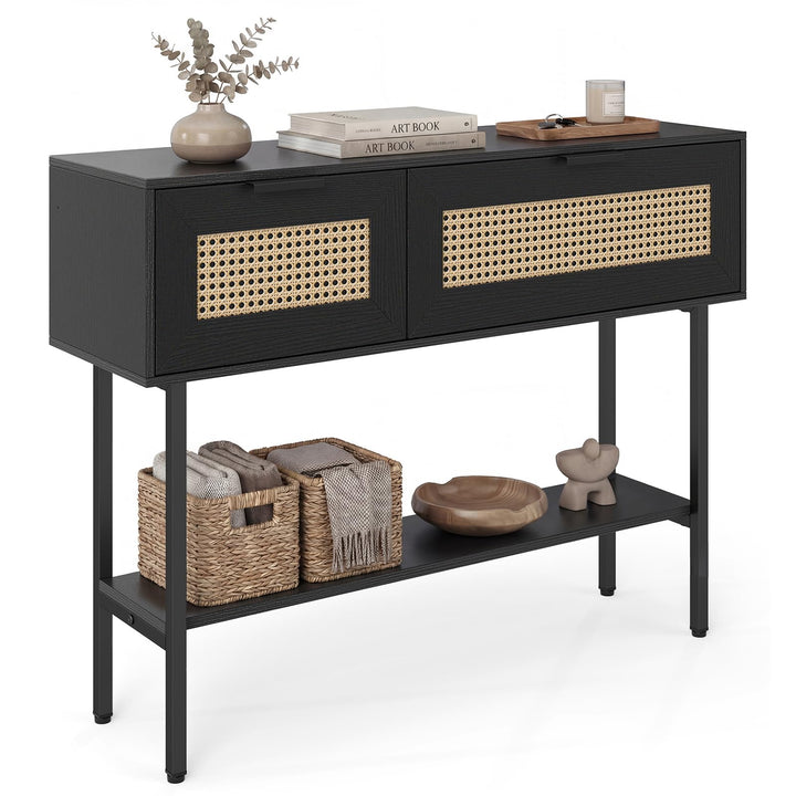 Giantex Rattan Console Table Boho Entryway Table with 2 Storage Cabinets