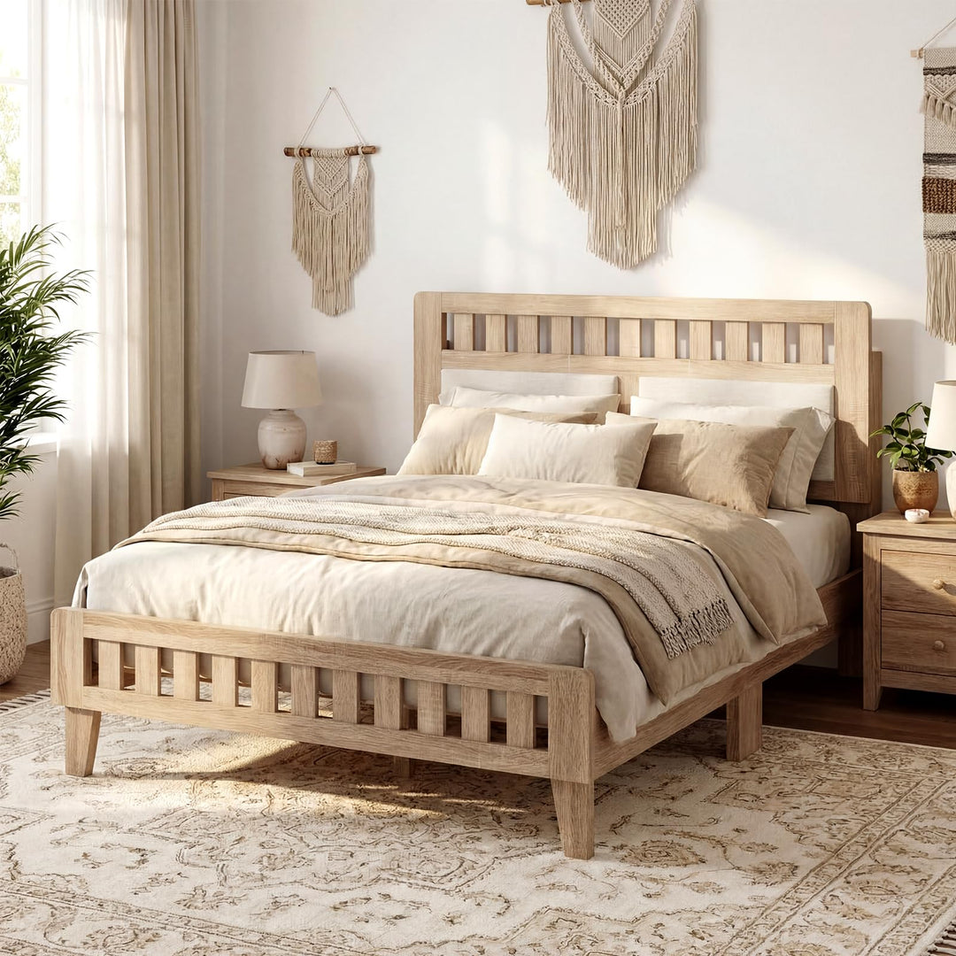 Giantex Mid-Century Wood Bed Frame with Upholstered Headboard (Full/Twin/Queen)