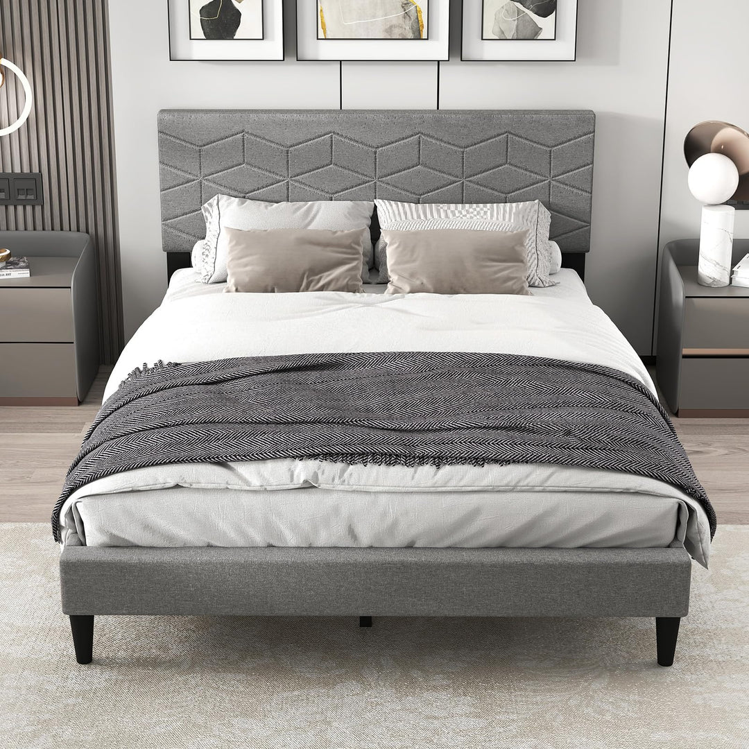 Giantex Queen/Full/Twin Size Upholstered Bed Frame Modern Platform Bed with Linen Fabric Geometric Headboard
