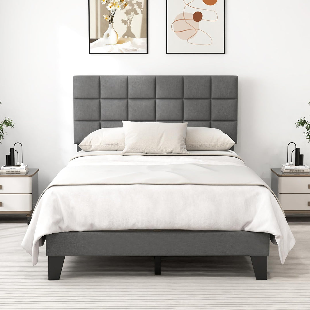 Giantex Full Size Platform Bed, Linen Fabric Upholstered Bed Frame with Adjustable Headboard &amp; Wooden Slat Support