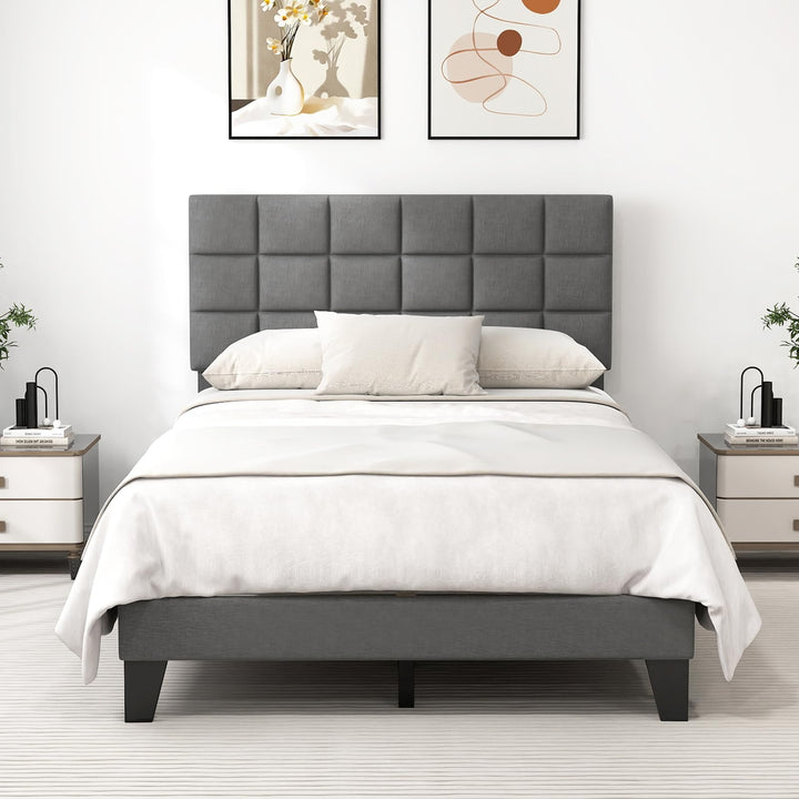Giantex Full Size Platform Bed, Linen Fabric Upholstered Bed Frame with Adjustable Headboard &amp; Wooden Slat Support