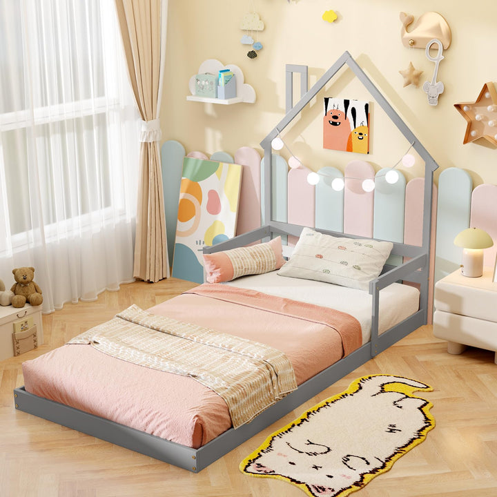 Giantex Twin Floor Bed for Kids, Wood Montessori Floor Bed with Chimney Headboard &amp; Handrail