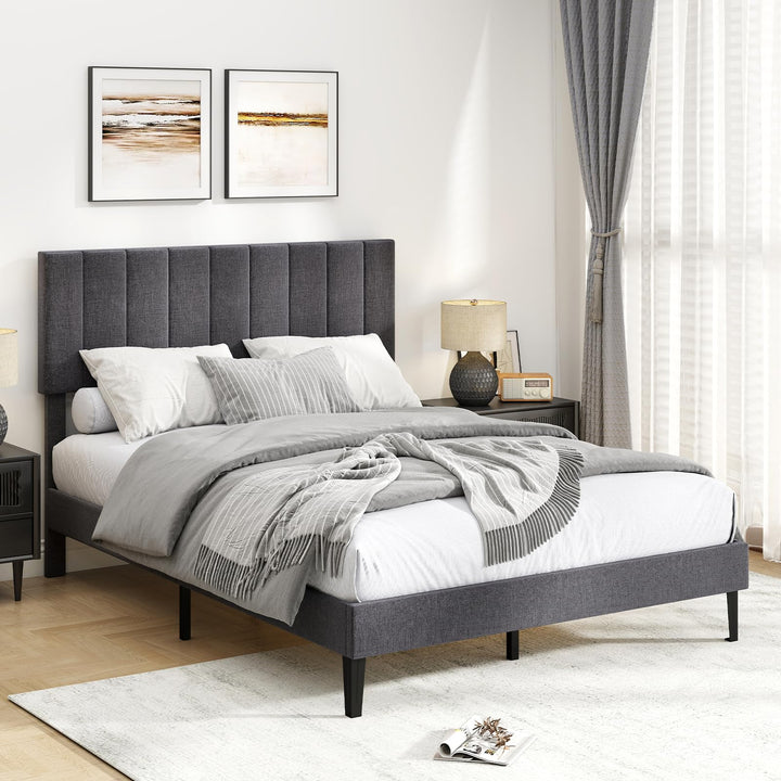 Giantex Queen/Full/Twin Size Upholstered Bed Frame Platform Bed with Height Adjustable Vertical Channel Headboard