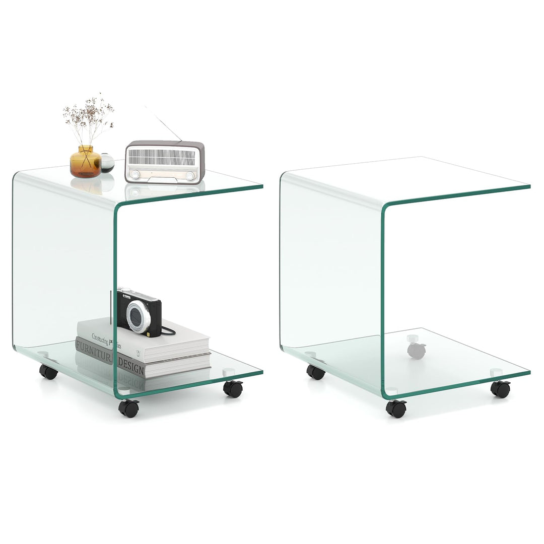 Giantex C-Shaped End Table with Wheels - Mobile Tempered Glass Sofa Couch Side Table w/2-Tier Storage Shelf