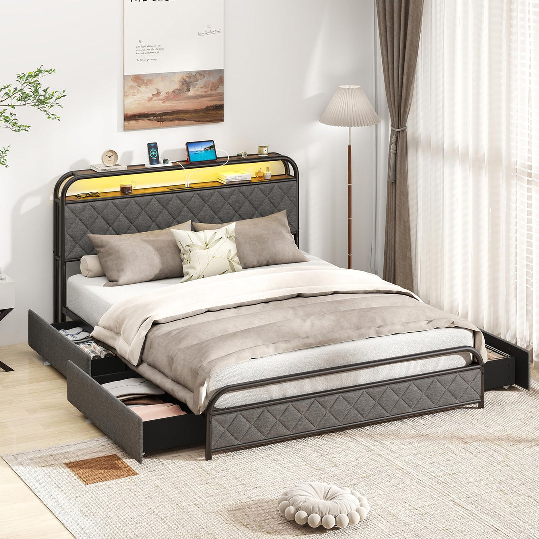 Giantex Queen/Full/Twin Size Bed Frame with 4 Storage Drawers and Charging Station