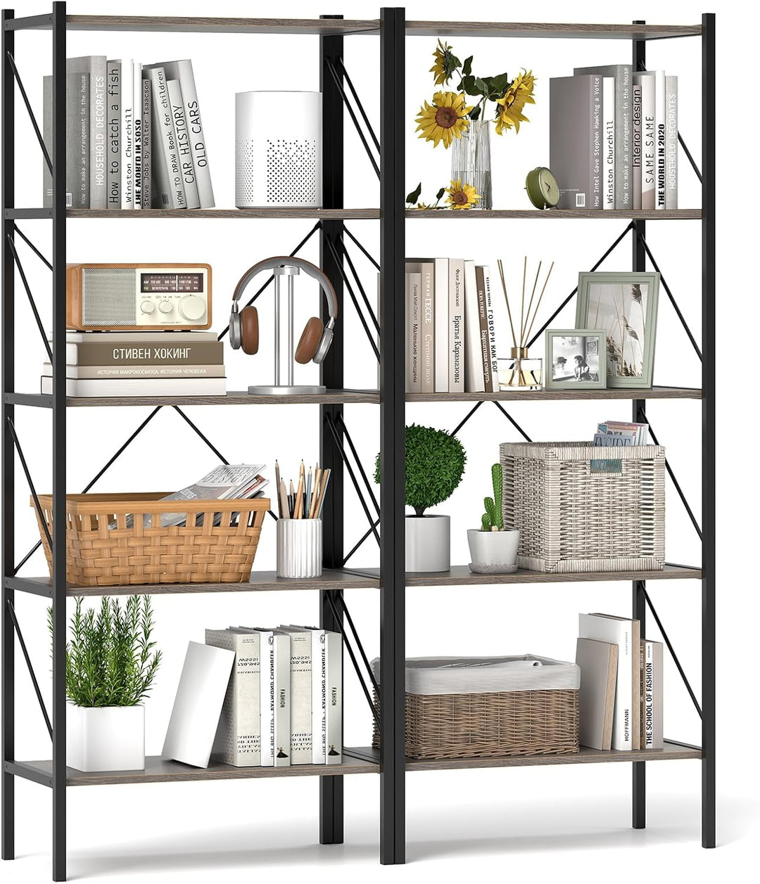 Giantex 5-Tier Bookshelf, Industrial Tall Bookcase with Open Storage Shelves &amp; Heavy Duty Metal Frame
