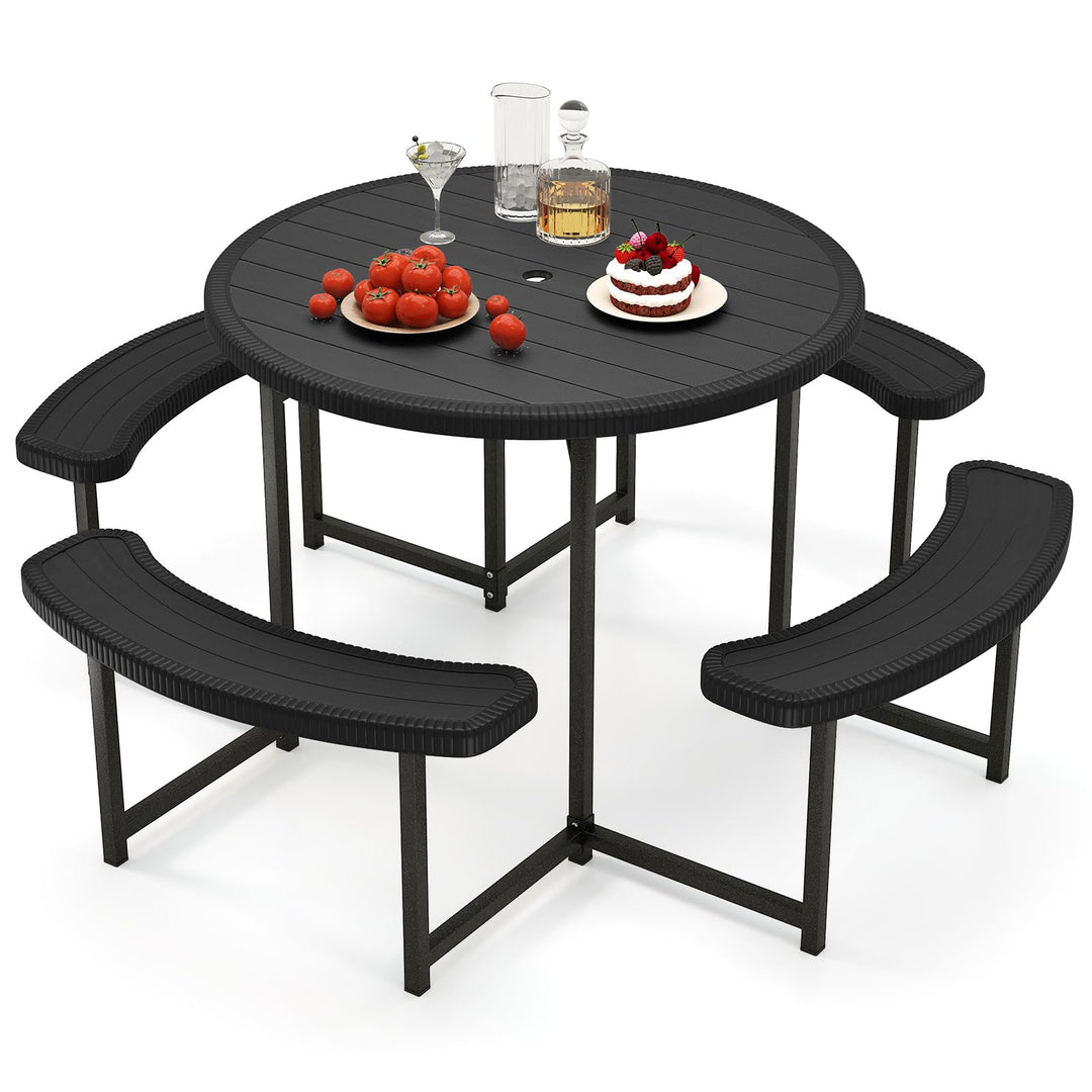 Giantex Round Picnic Table Bench Set with 4 Benches and Umbrella Hole for Patio Lawn