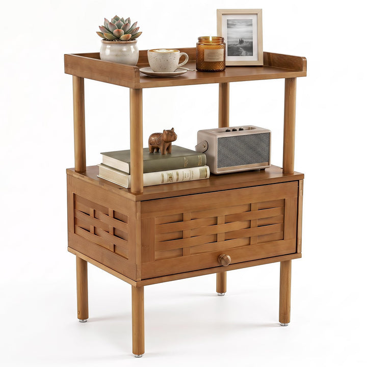 Giantex Boho Bamboo Rattan Nightstand w/Flip-Up Door &amp; Rasied Edge