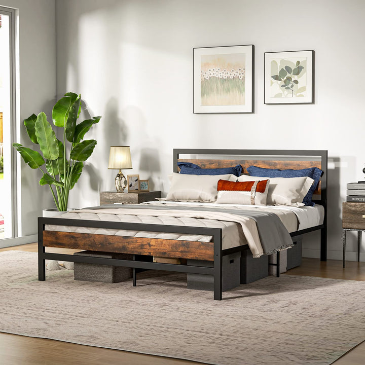 Giantex Queen Metal Platform Bed Frame with Wooden Headboard &amp; Footboard, Rustic Brown