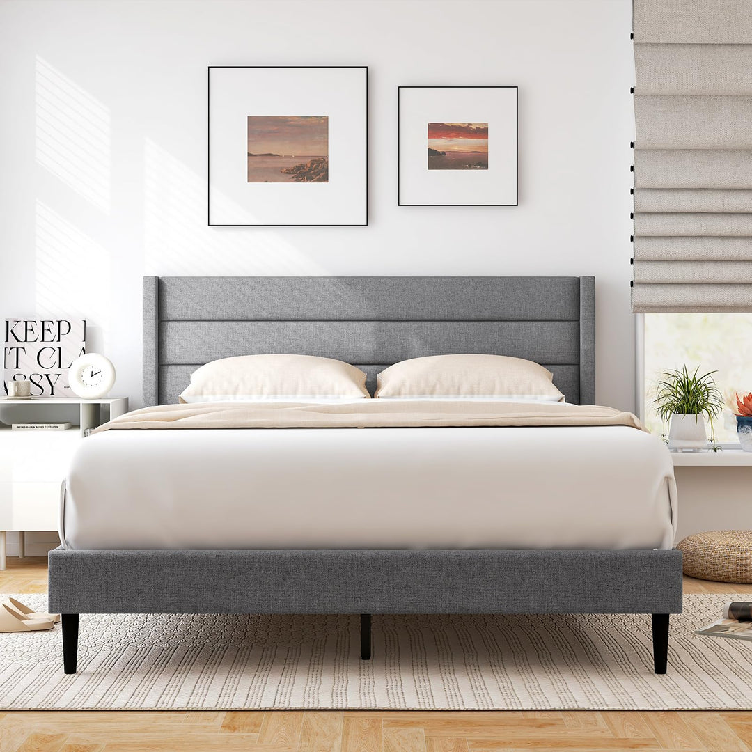 Giantex Queen/Twin Size Bed Frame, Modern Linen Upholstered Platform Bed with Wingback Headboard