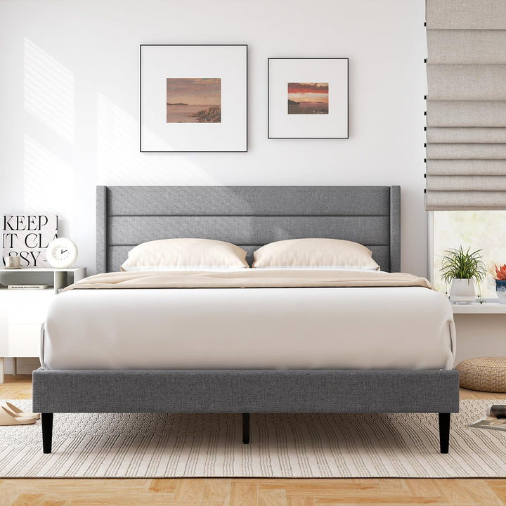Giantex Queen/Twin Size Bed Frame, Modern Linen Upholstered Platform Bed with Wingback Headboard