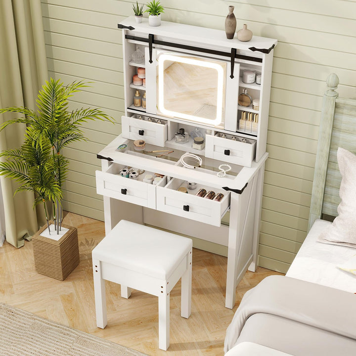 CHARMAID Farmhouse Vanity Desk with Drawers &amp; Shelves, Rustic Vanity Dressing Table with Stool (31" Wide,White)