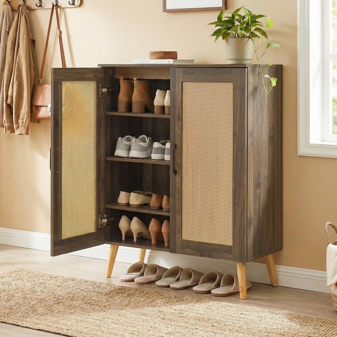 Giantex Shoe Cabinet with Doors 4-Tier Rattan Shoe Rack Organizer Cabinet(Rattan Door)