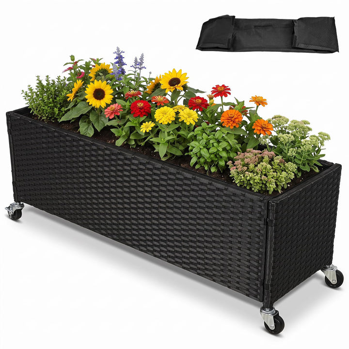 GIANTEX 38"x12"x14" Wicker Raised Garden Bed w/Wheels (1/2)