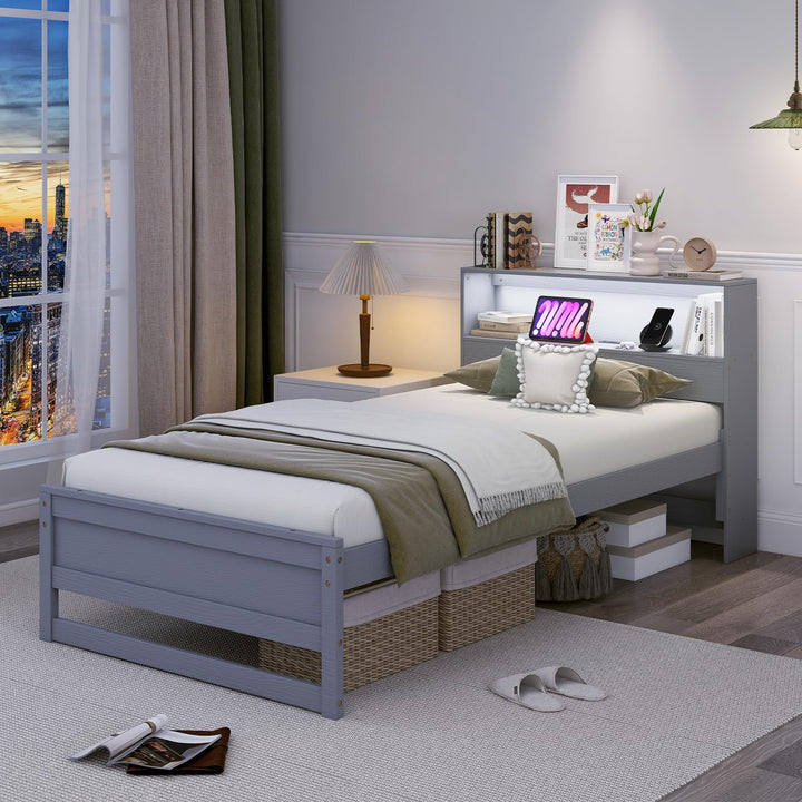 Giantex Twin Bed Frames with Storage Headboard, Wood Platform Bed with Charging Station &amp; LED Light