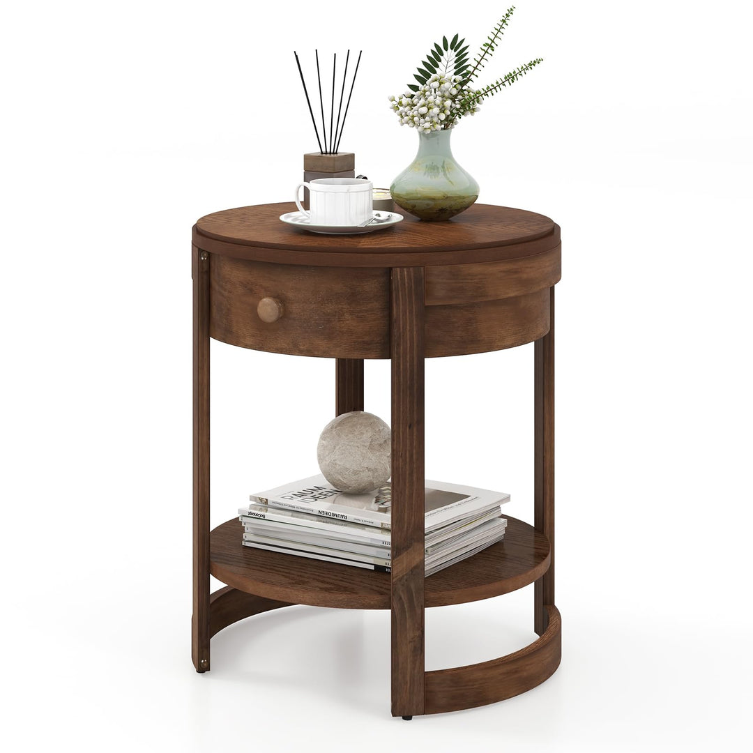 Giantex Round Side Tables Set of 1/2 | 2-Tier Retro End Tables with Drawer &amp; Shelf